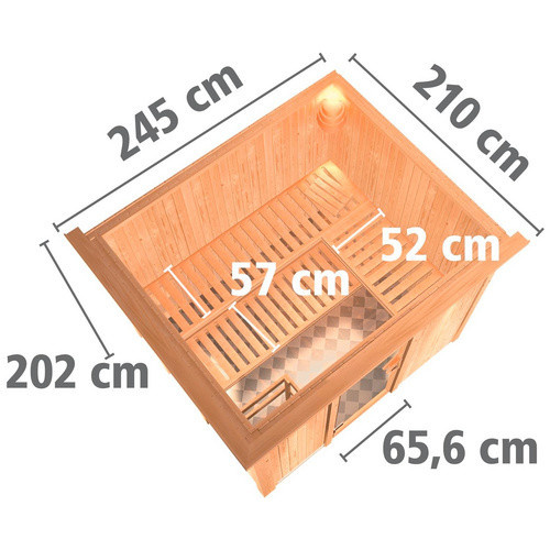Karibu Sauna Jöhvi aus Fichtenholz mit 9 kW Saunaofen und externer Steuerung für 4 Personen, beige, B/T/H: 245 x 210 x 202 cm - Bild 2