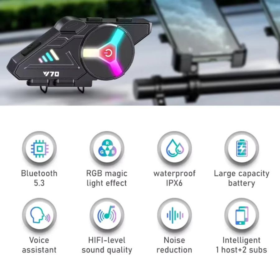 Velev 2026 Y70 Motorrad Bluetooth Helm Headset in Schwarz mit bunten Lichtern, IPX6 wasserdicht und Dual Connection für 2 Telefone - Bild 2