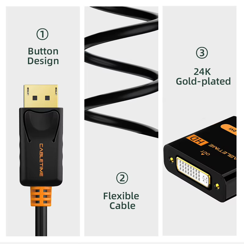 CABLETIME DisplayPort zu DVI Adapter in Schwarz für die Videoübertragung an Monitor oder HDTV - Bild 3