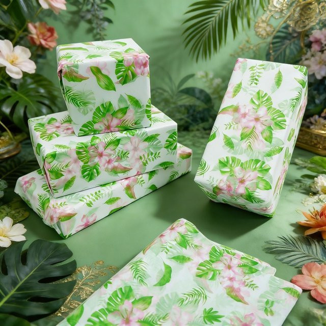 Geschenkpapier mit tropischem Blatt- und Blumenmuster in Mehrfarben für Geschenkboxen, Hochzeiten und Partys (50 Stück) - Bild 1