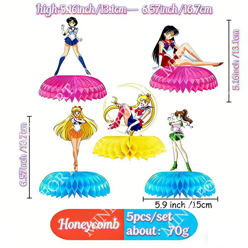 Sailor Moon Wabenmuster Tischdekoration aus Papier, 5 Stück, Mehrfarbig - Bild 3