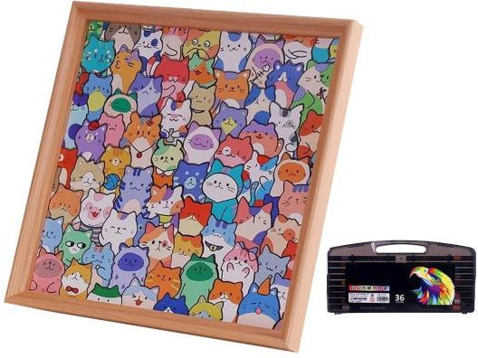 Cartoon Katze Holz Malpuzzle Set, DIY Handbemalt, mit Fotorahmen und Filzstiften - Bild 1