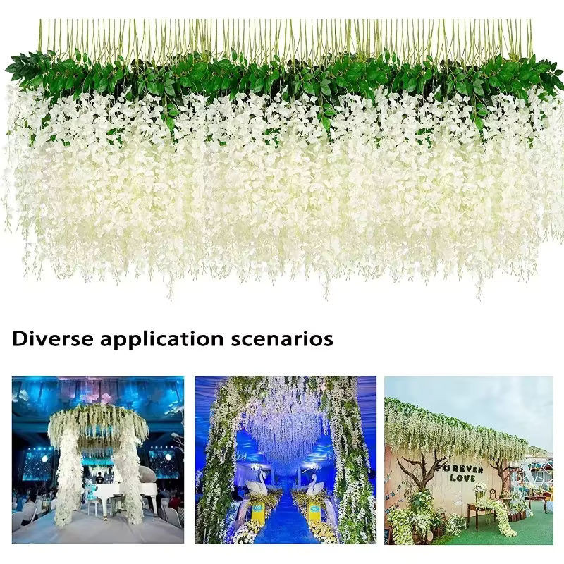 Künstliche Glyzinien-Blumen in Weiß als hängende Seiden-Girlande aus Rattan und Textil für deine Dekoration bei Hochzeiten oder zu Hause, Länge: 220 cm - Bild 1