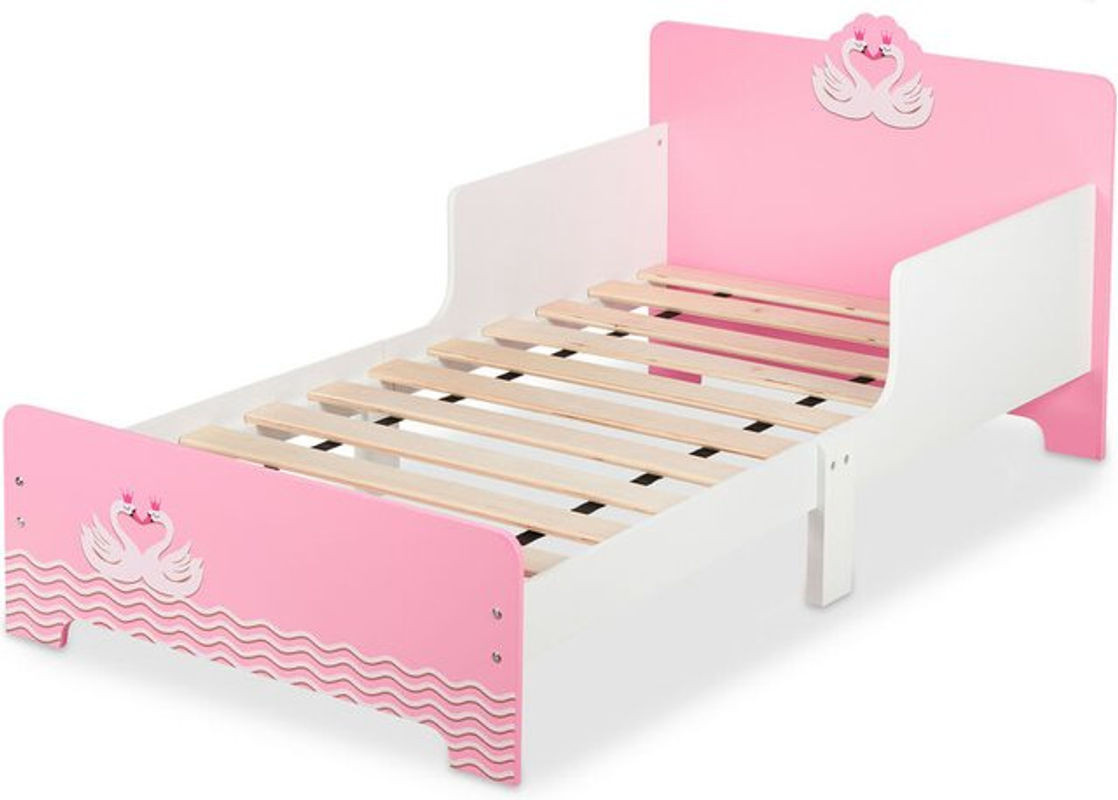 Relaxdays Kinderbett mit Schwan-Motiv und Rausfallschutz, Kleinkindbett aus MDF mit Lattenrost, Weiß/Rosa, H x B x T: 143 x 60 x 77 cm - Bild 1