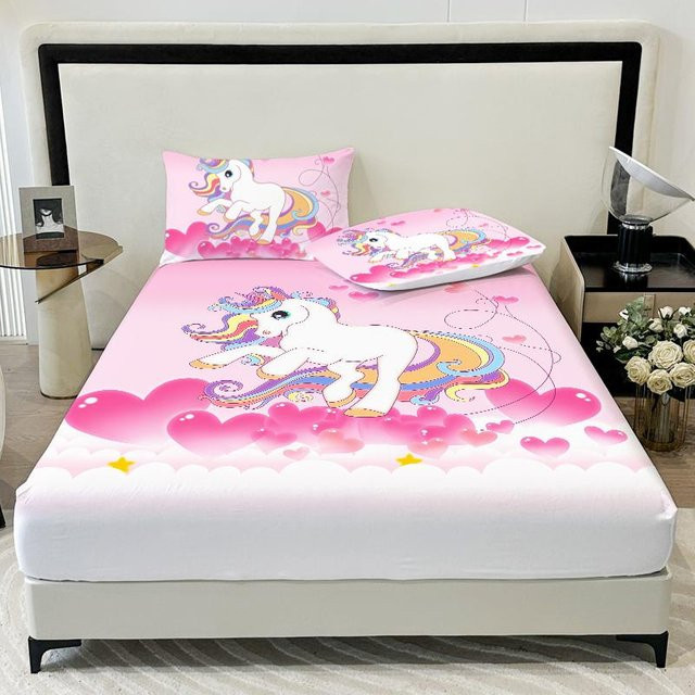 Lodestar 3-teiliges Bettwäsche-Set Love Einhorn in Pink, 1 Bettlaken und 2 Kissenbezüge aus 100% Polyester, B/T: 100 x 200 cm - Bild 1