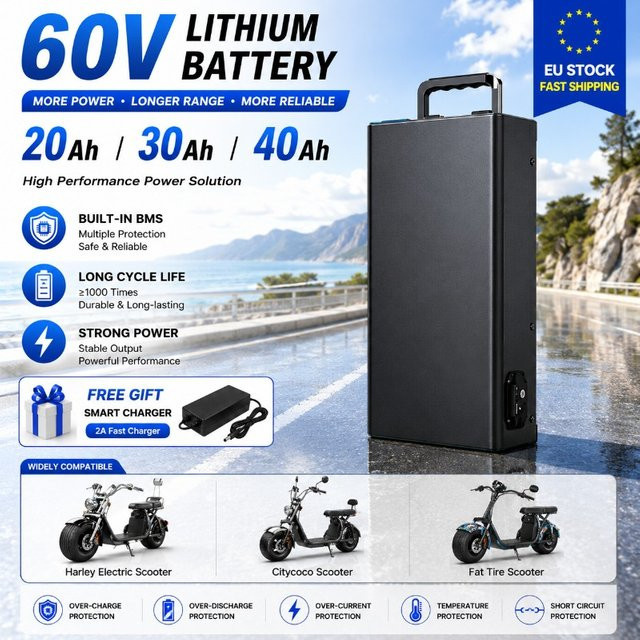 DAGENLY Lithium-Batterie für Harley-Style CityCoco Elektroroller, 60V, Schwarz, inklusive 67,2V Ladegerät - Bild 1