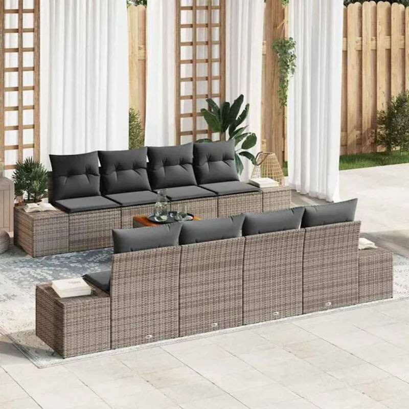 Vidaxl Garten-Sofa-Set aus 7 Teilen in Grau, modernes Polyrattan Loungemöbel-Set mit Stahl und Massivholz - Bild 1