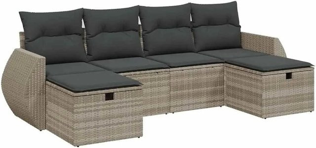 vidaXL 6-tlg. Garten-Sofagarnitur in L-Form mit Polsterkissen, Hellgrau, Poly-Rattan und Metallrahmen - Bild 1