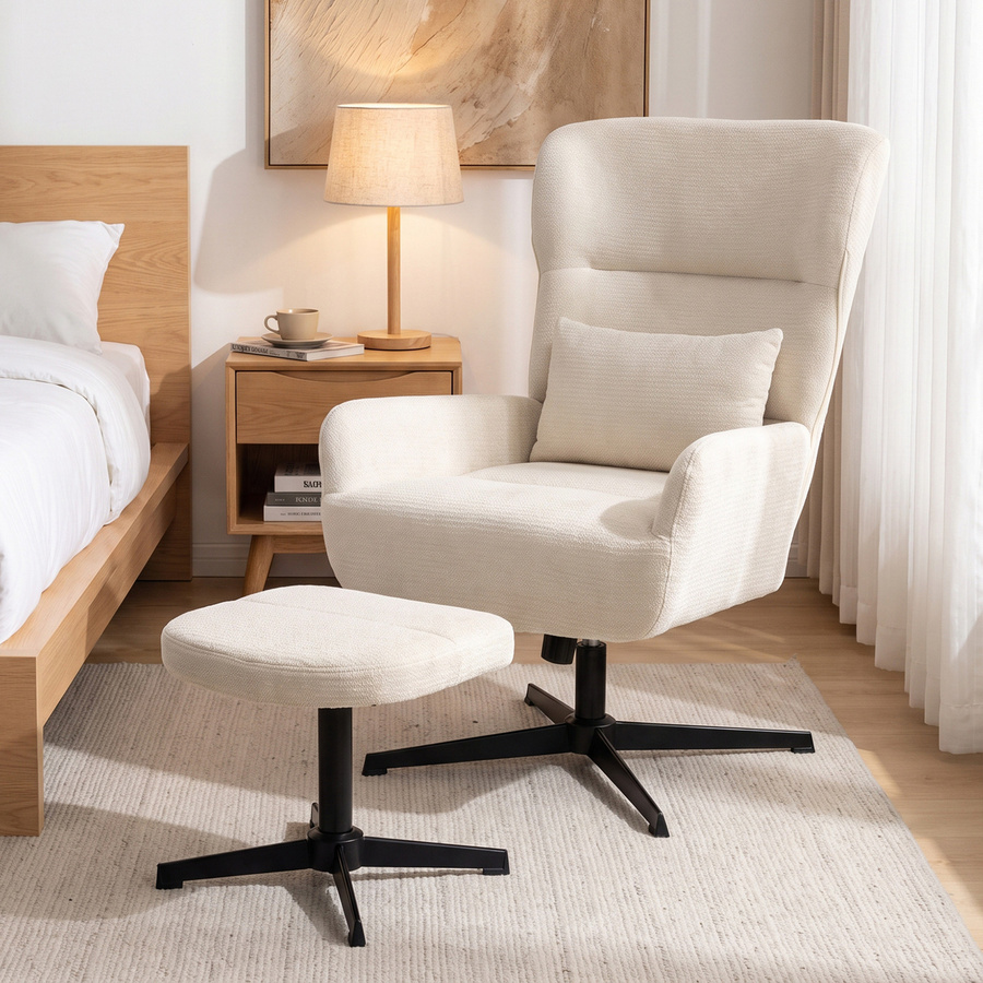 HOMCOM Relaxsessel mit Hocker in Cremeweiß, drehbarer Loungesessel mit Chenille-Optik, Lendenkissen und höhenverstellbaren Metallbeinen für dein Wohnzimmer - Bild 2