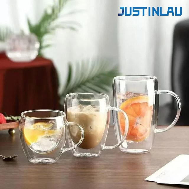 JUSTINLAU Doppelwandige Glasbecher mit Griff, hitzebeständige Kaffeetassen und Saftbecher, transparent, 150 ml / 250 ml / 350 ml - Bild 1