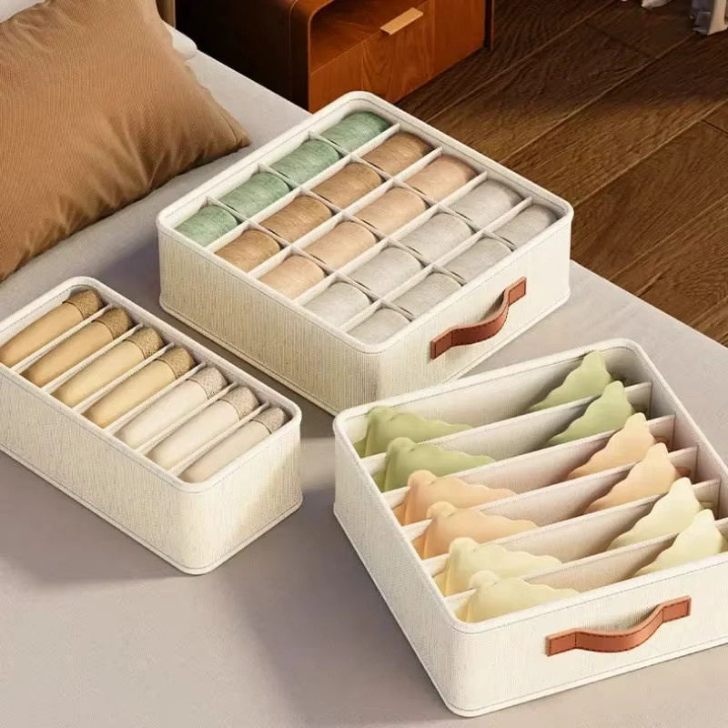 Multifunktionale faltbare Aufbewahrungsbox aus Stoff mit Trennern für Unterwäsche und Socken in Beige oder Weiß - Bild 2