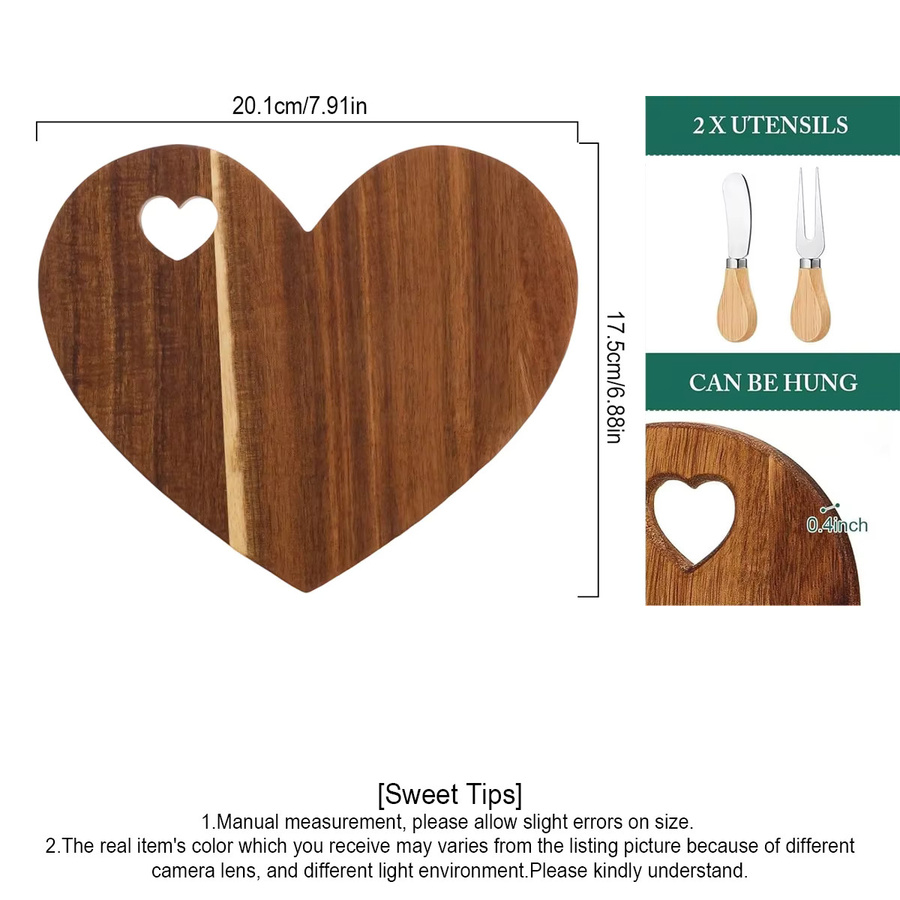 Favor Heart Käsebrett-Set aus Holz in Beige und Braun mit Käsemessern und Gabel - Bild 3