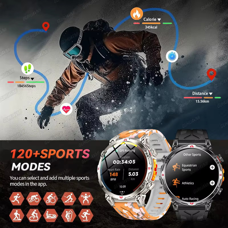 GUHUAVMI Smartwatch, GPS, Herren, Schwarz, 5 ATM, Silikon, 1,56" AMOLED - Bild 5