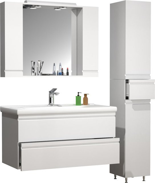 VCM Badmöbel Set Silora XL in Weiß mit Keramik-Waschtisch 100 cm, Spiegelschrank und Hochschrank - Bild 1