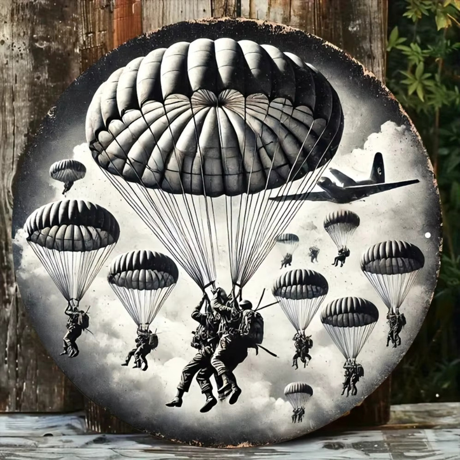 Rundes Wandkunstschild aus Aluminium von HELLOYOUNG mit Militärthema und Airborne-Soldat in Multicolour, Durchmesser: 20 cm - Bild 2