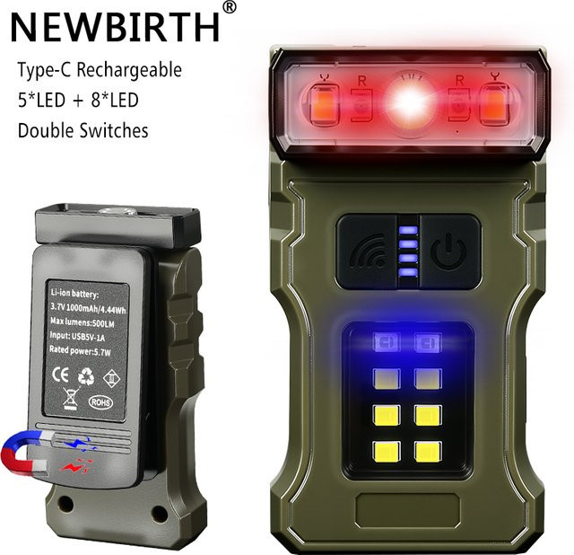 NEWBIRTH LED Taschenlampe mit COB-Notlicht, USB wiederaufladbare Mini-Taschenlampe mit Magnet und Clip für Camping und Sport - Bild 1