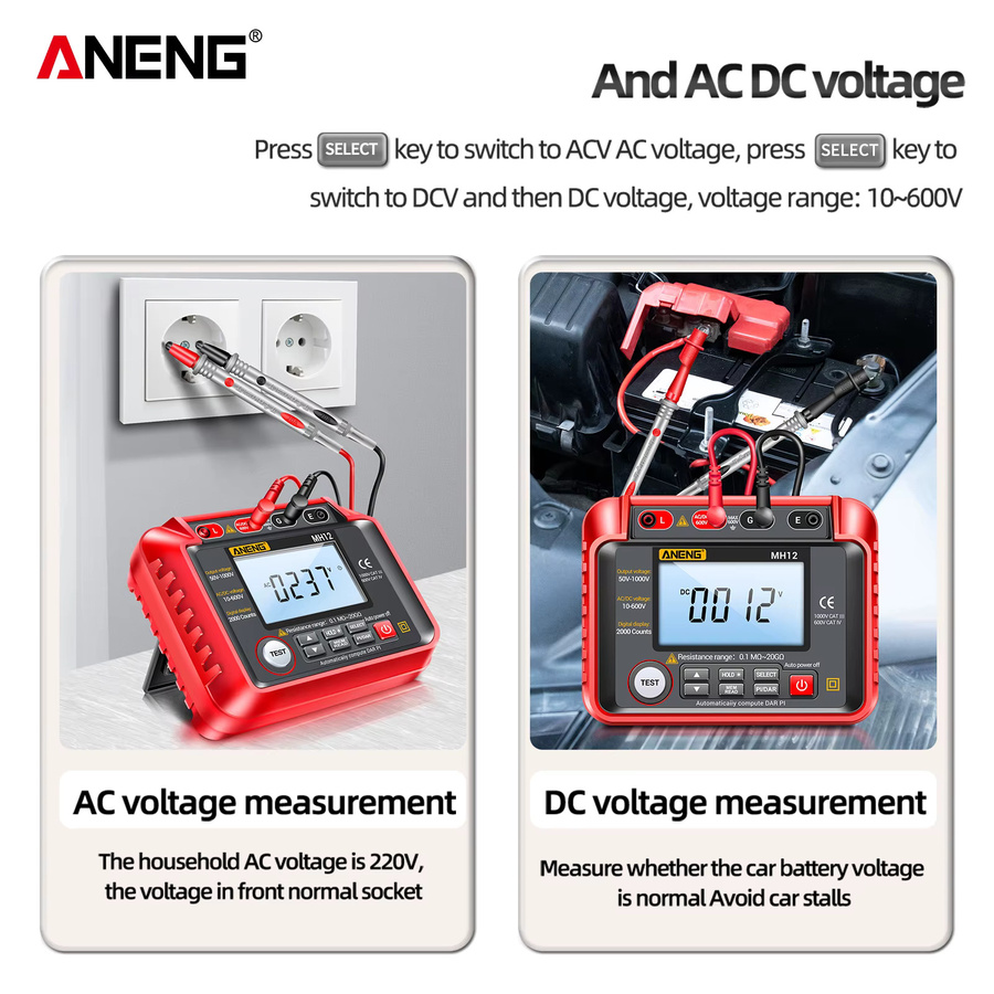 ANENG MH12 Digitales Megohmmeter Isolationsprüfgerät mit AC/DC Spannungsmessung in Rot - Bild 3