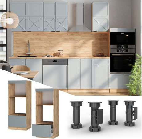 Vicco Mikrowellenschrank Fame-Line in Eiche mit Blau-Grau Rahmen und Schublade, Breite: 60 cm, Höhe: 223,9 cm
