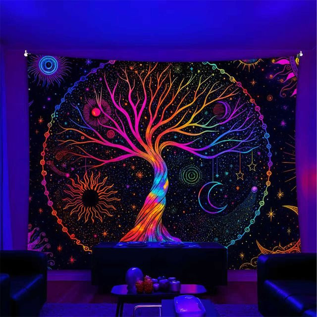 VIKAMA Baum des Lebens Wandteppich im Boho-Stil mit Mandala, Sonne, Mond und Sternenhimmel, Mehrfarbig, B: 60 cm, H: 40 cm - Bild 1