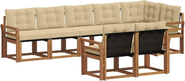 vidaXL Outdoor-Sofagarnitur 8-teilig L-Form aus Akazienholz mit Textilene und Kissen in Natur-Beige - Bild 1