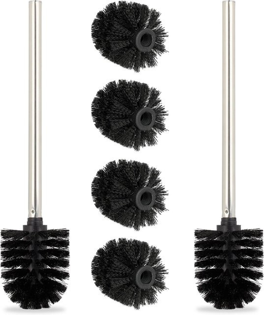 Relaxdays Toilettenbürsten Set in Schwarz und Edelstahl mit 4 Ersatzköpfen, B: 8 cm, H: 35 cm - Bild 1