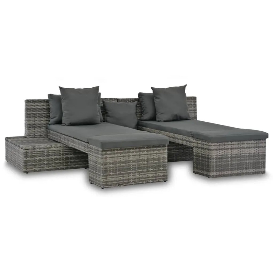 vidaXL 4-teilige Garten-Sofagarnitur in L-Form mit Ottoman und Kissen, Grau, Poly Rattan - Bild 2