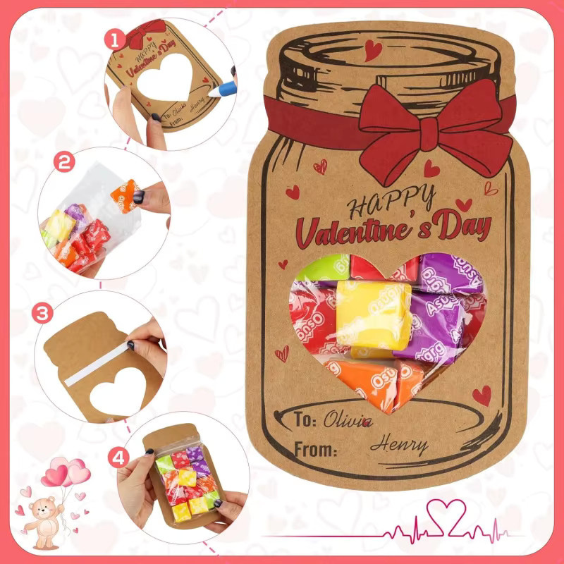 24 Stück Valentinstagskarten in Blau aus Kraftpapier mit Herzfenster und Leckerlibeuteln im Einmachglas-Design als personalisiertes Geschenk - Bild 3