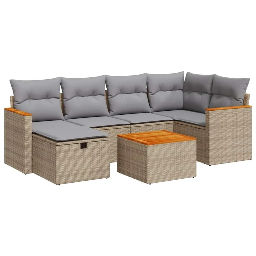 vidaXL 7-tlg. Garten-Sofagarnitur aus Polyrattan in Beige mit Kissen und Ottoman für Terrasse und Garten - Bild 2