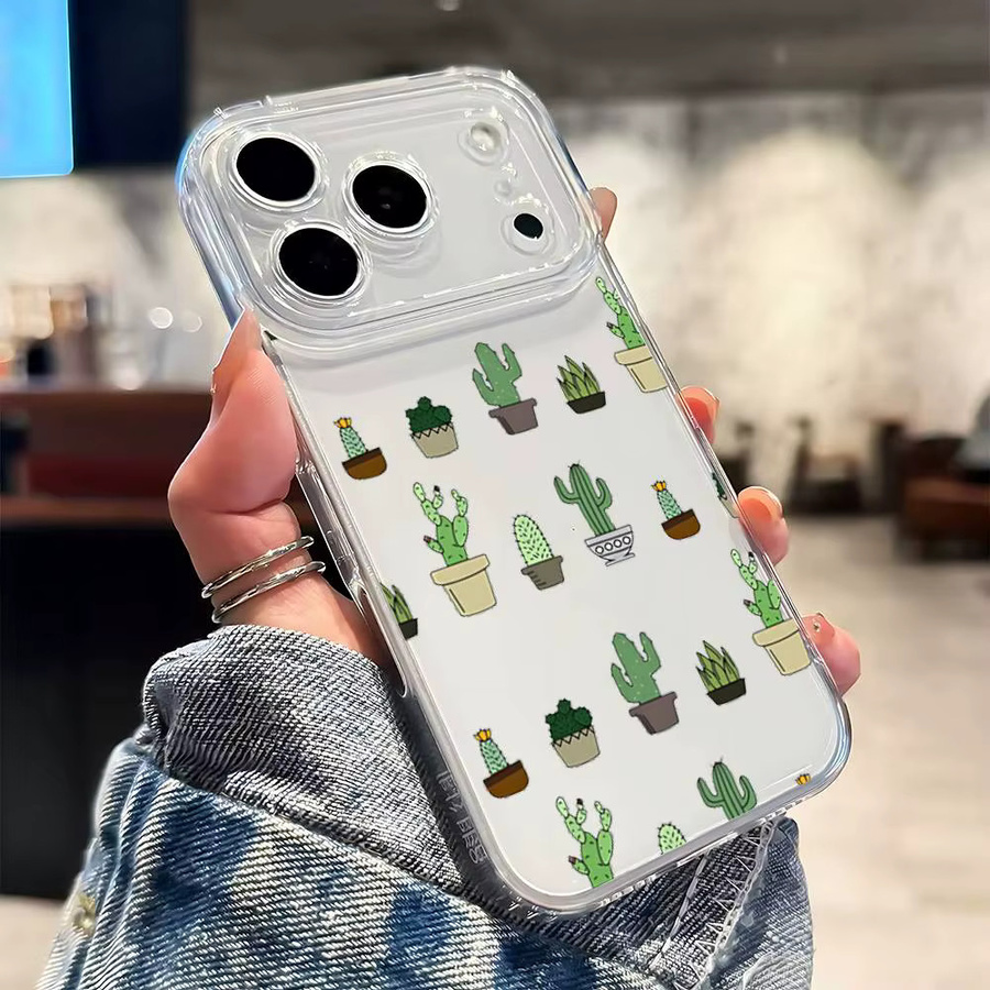 Stoßfeste Silikonhülle mit Cartoon-Kaktus Design für Apple iPhone 11 12 13 14 15 16 17 Pro Max Plus Mini in Transparent - Bild 3