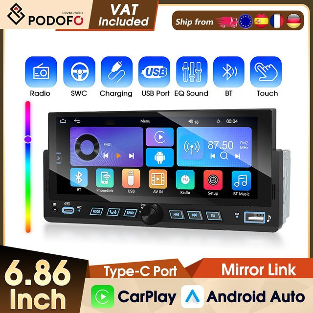 Podofo 1DIN Auto-Multimediaplayer mit 6,86 Zoll Display, kabellosem CarPlay, Android Auto, Mirror Link, Bluetooth, USB und Rückfahrkamera in Schwarz - Bild 1