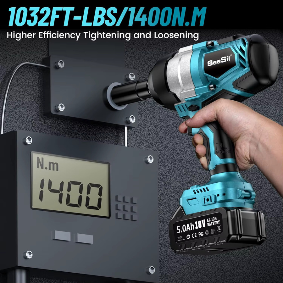 Seesii Akku-Schlagschrauber 1/2 Zoll mit 1400 Nm Drehmoment, 1750 U/min, 21V, inklusive 2 x 5000 mAh Akkus für Autoreparaturen - Bild 2
