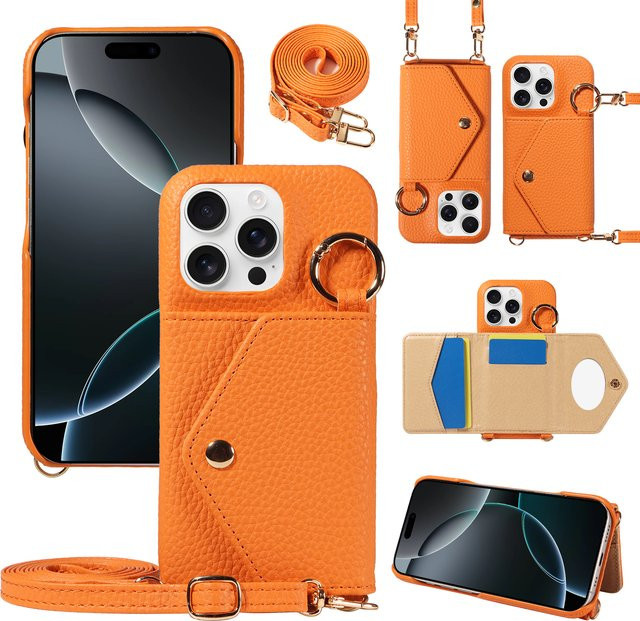 Crossbody PU-Leder-Handyhülle mit Spiegel für iPhone 17 17 Air 17 Pro 17 Pro Max 16 15 14 13 Pro in Pink und Orange mit Anti-Drop und Anti-Entmagnetisierung - Bild 1