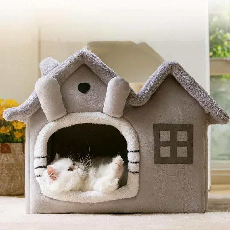 Faltbare Hundehütte als warmes Haustierbett für kleine und mittelgroße Hunde und Katzen in Grau mit abnehmbarem Bezug aus Baumwolle und Korallenvlies - Bild 2