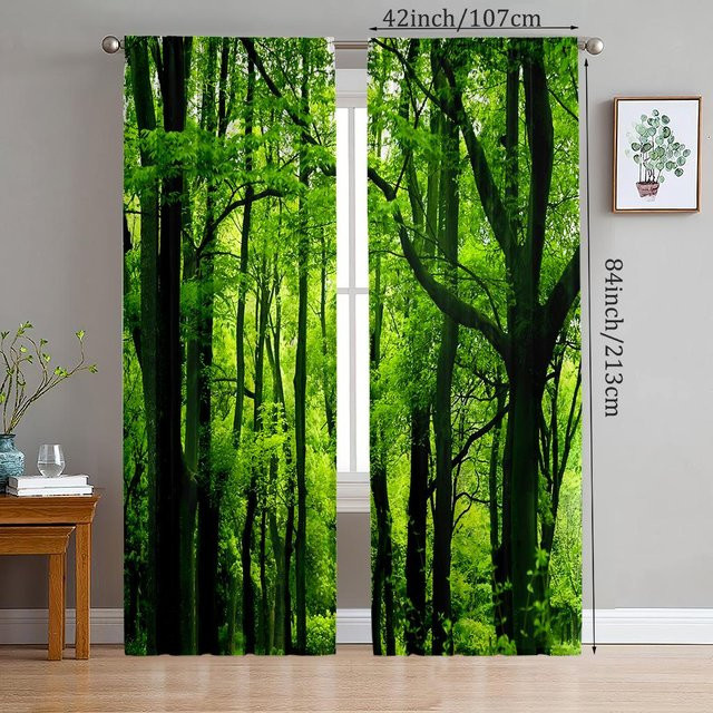 2er-Set Yiran Furniture Vorhänge mit Wald-Motiv in Grün aus Polyester, semi-transparent, B: 35 cm, H: 120 cm - Bild 1