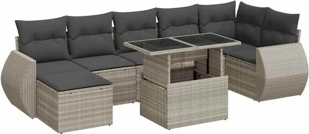 vidaXL 8-tlg. Garten-Sofagarnitur in L-Form mit Kissen und Couchtisch, Hellgrau, Poly-Rattan und Metallrahmen - Bild 1