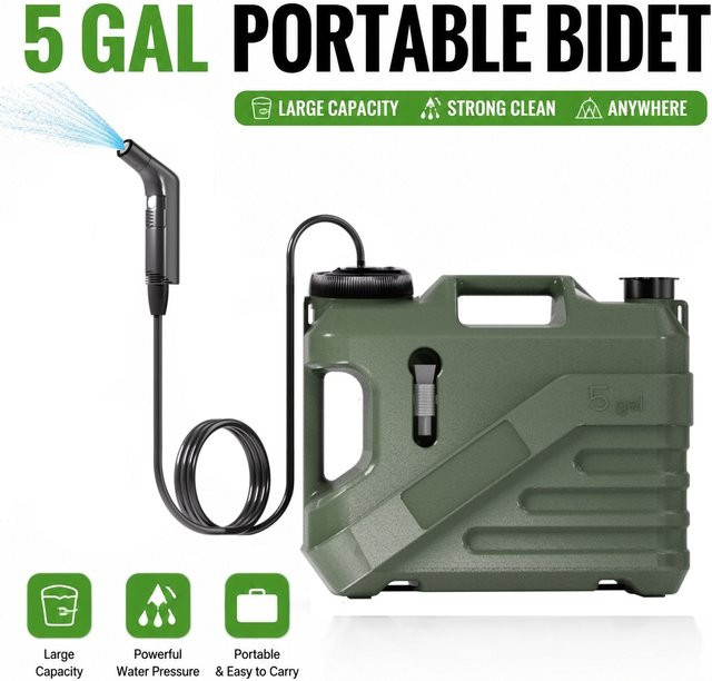 Wower Tragbares Bidet mit 19l Wassertank und 2m Schlauch, Wiederaufladbarer Shattaf-Sprüher für Camping und Reisen, Weiß/Grün - Bild 1