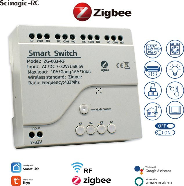 Scimagic-RC 4CH Zigbee Smart Life Gateway Switch Modul in Weiß für Tuya APP, SmartThings und MQTT, 1/2/4 Kanal RF433 Relais für 12V 24V 32V 220V - Bild 1