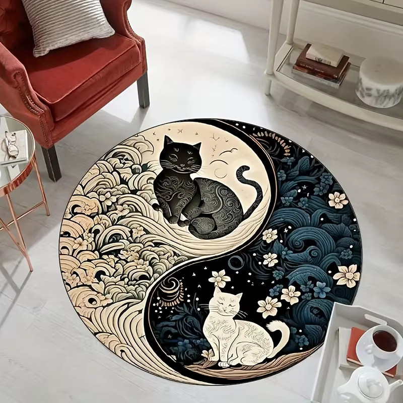 VIKAMA Runde Fußmatte im chinesischen Stil mit Tai-Chi-Yin-Yang-Katzen-Motiv, Wellen- und Blumenmuster, Multicolour, Durchmesser: 80 cm - Bild 2