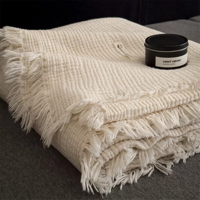 Y Home Quasten-Dekor Überwurfdecke aus 100 % Baumwolle, grob gestrickte Gaze-Decke mit Fransen, Beige oder Weiß - Bild 1