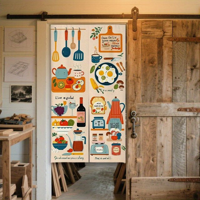 VIKAMA Türvorhang mit Kochgeschirr- und Lebensmittelmuster in Multicolour, Trennvorhang für Küche und Esszimmer, B: 120 cm, H: 90 cm - Bild 1