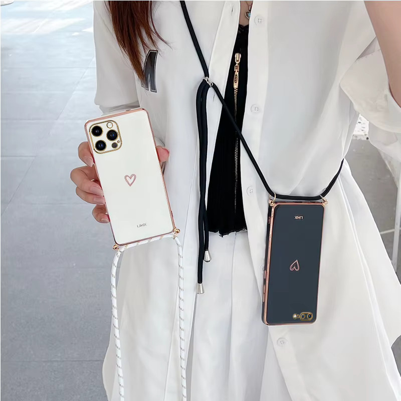 Love Heart Crossbody Lanyard Strap Handyhülle für Apple iPhone 15 14 13 12 11 Pro Max Mini Xs XR 7 8 SE in Weiss und Multicolour - Bild 2