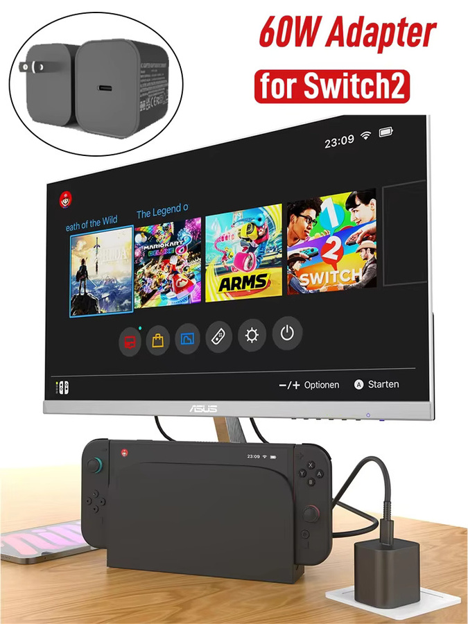 Nintendo Switch 2 60 W AC-Adapter USB-C Schnellladegerät Netzteil für TV-Modus in Schwarz - Bild 5