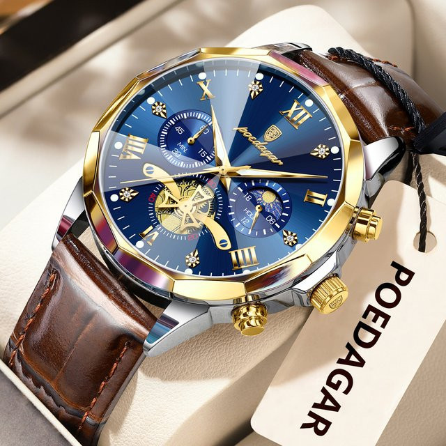 POEDAGAR Armbanduhr Chronograph, Quarz, Leder, Blau, Herren - Bild 1