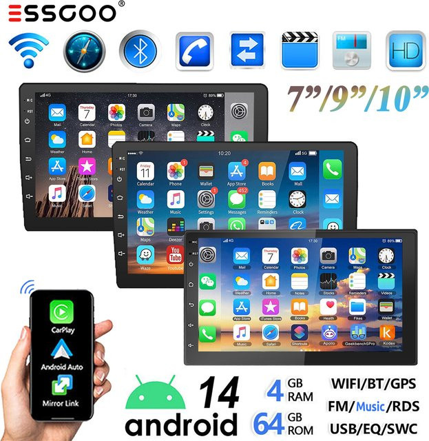 ESSGOO 2 DIN Android 14 Autoradio mit 4+64G Speicher, Carplay, Android Auto, GPS Navigation, Bluetooth, WIFI und ChatGPT KI-Sprachsteuerung in Schwarz - Bild 1