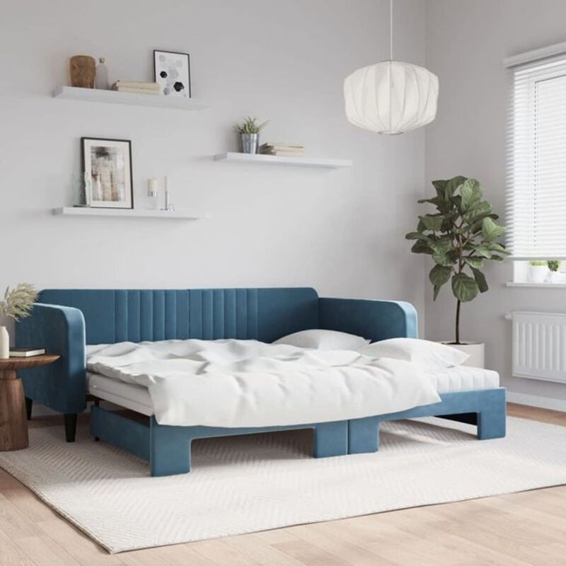 Ausziehbares Funktionsbett vidaxl in Blau mit Matratze aus Samt und Metall B/T: 100 x 200 cm - Bild 1