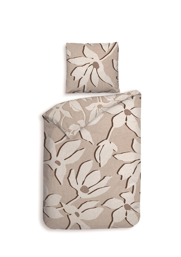 Heckettlane Mako-Satin Bettwäsche Sanaa Safari Beige Sand mit floralem Blättermuster, B/H: 135 x 200 cm und Kissenbezug 80 x 80 cm - Bild 1