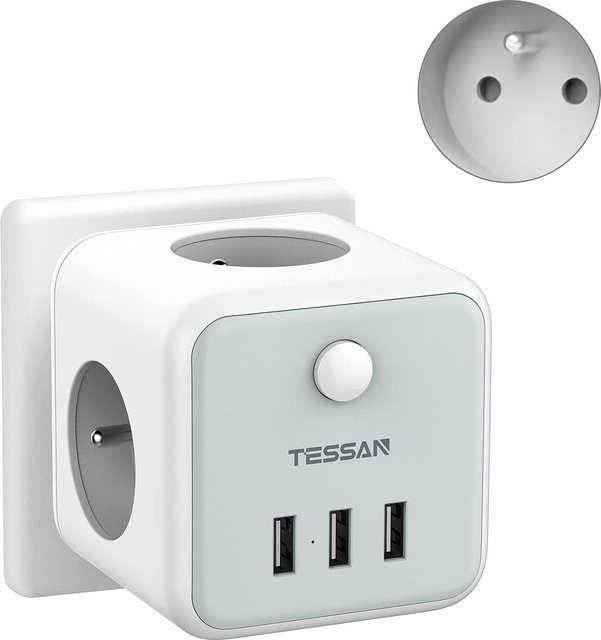 TESSAN 6-in-1 Netzadapter mit 3 französischen Steckdosen und 3 USB-Anschlüssen in Grau - Bild 1