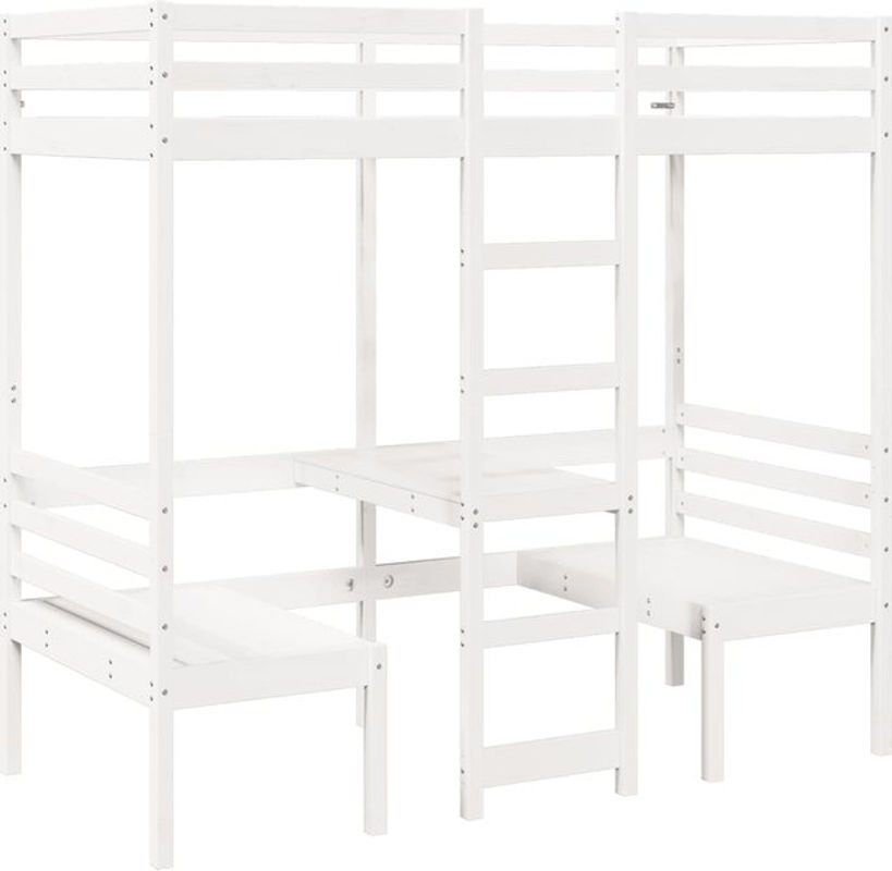 vidaxl Hochbett aus Kiefernholz mit Schreibtisch und Stühlen in Weiß, B/T/H: 90 x 190 x 97,5 cm - Bild 1