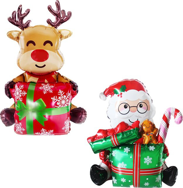 3D-Geschenkbox Weihnachtsdekoration mit Weihnachtsmann und Elch als Folienballon in Rot - Bild 1
