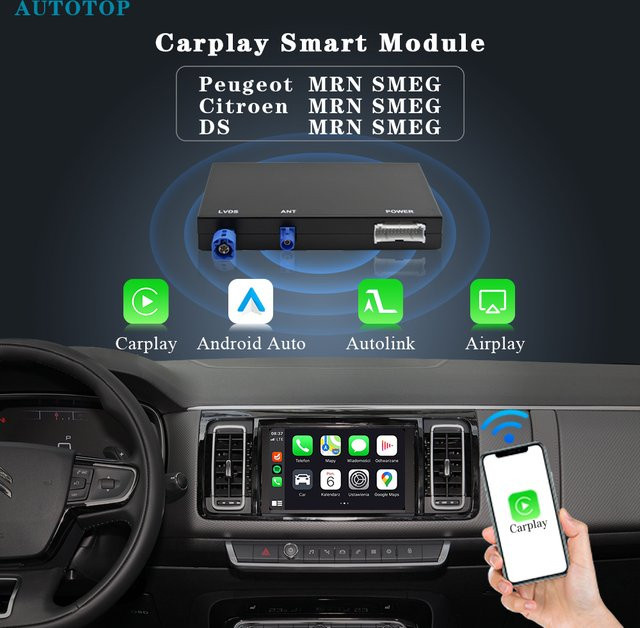 Autotop Kabellose CarPlay und Android Auto Konverter Box für Peugeot Citroen DS mit WiFi und Mirror Link sowie Rückfahrkamera Unterstützung - Bild 1